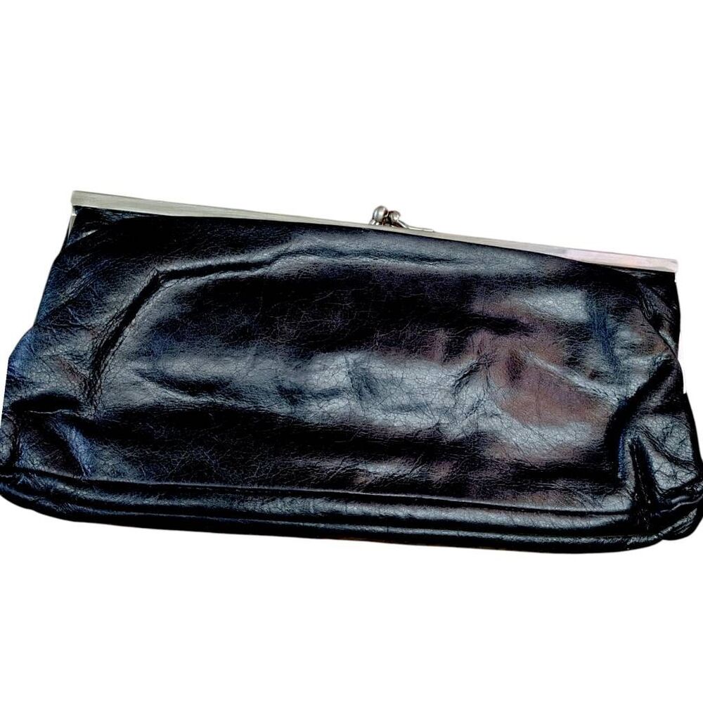 HOBO International Black Leather Double Kiss Lock Clutch Wallet Frame Bag Floral